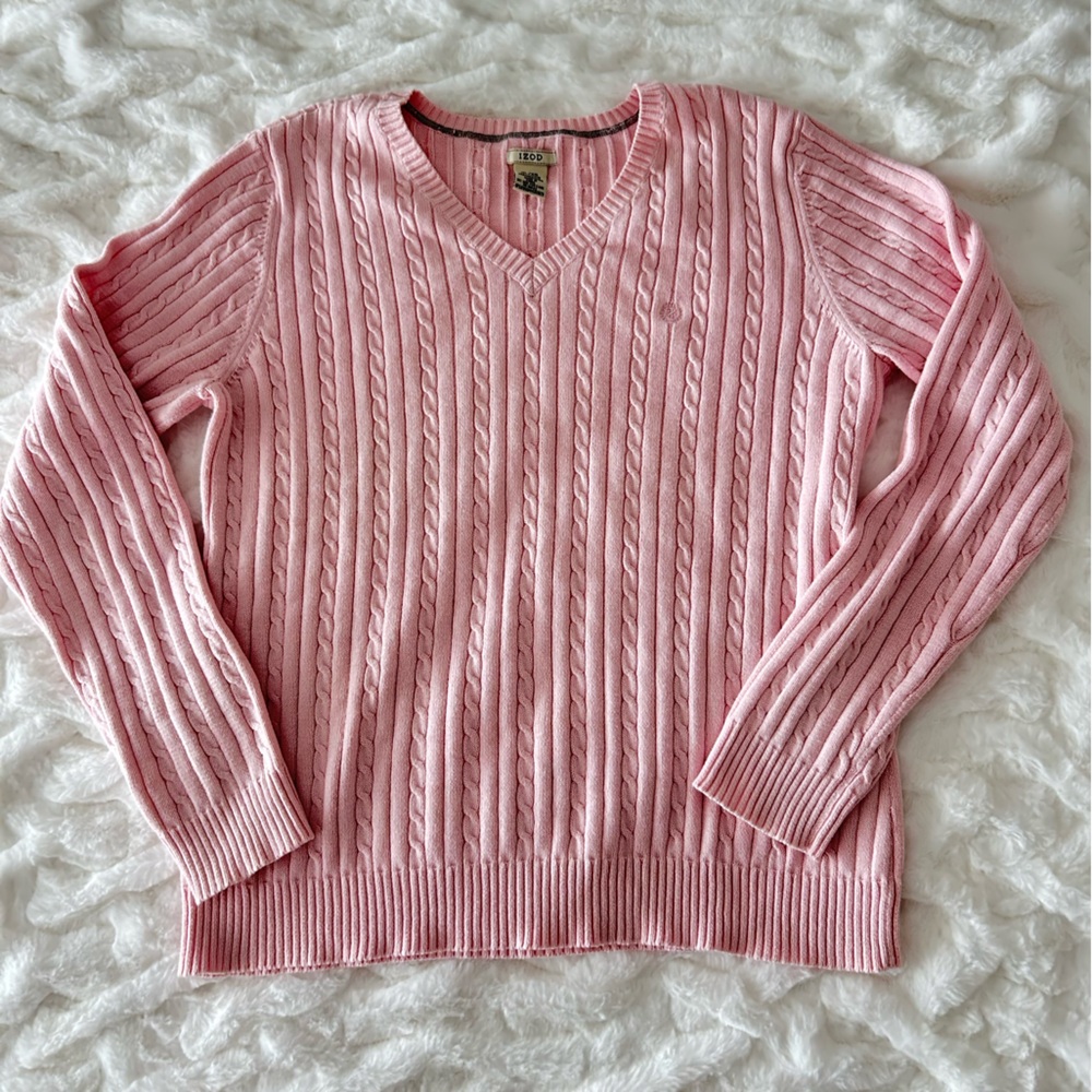 IZOD preppy pink cable knit v-neck sweater XL
